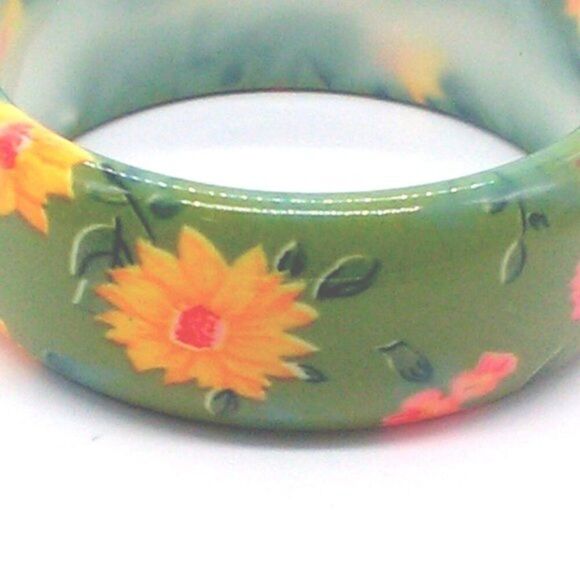 Vintage Chunky Green Orange Red Floral Bangle Bracelet 1" Wide - Picture 9 of 9